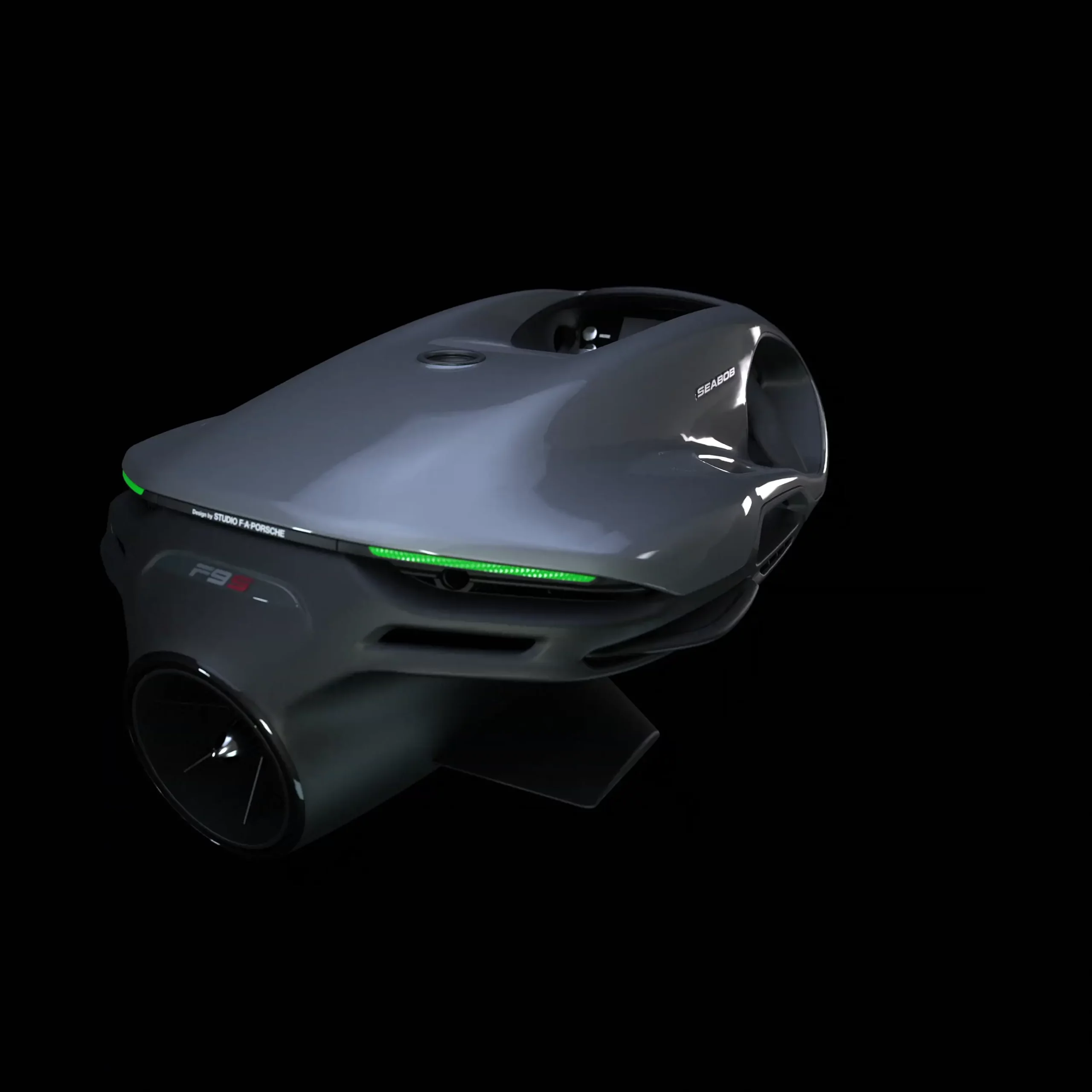 Side view of the SEABOB F9 Driving Stability System showing the extendable stern wings and underbody foils