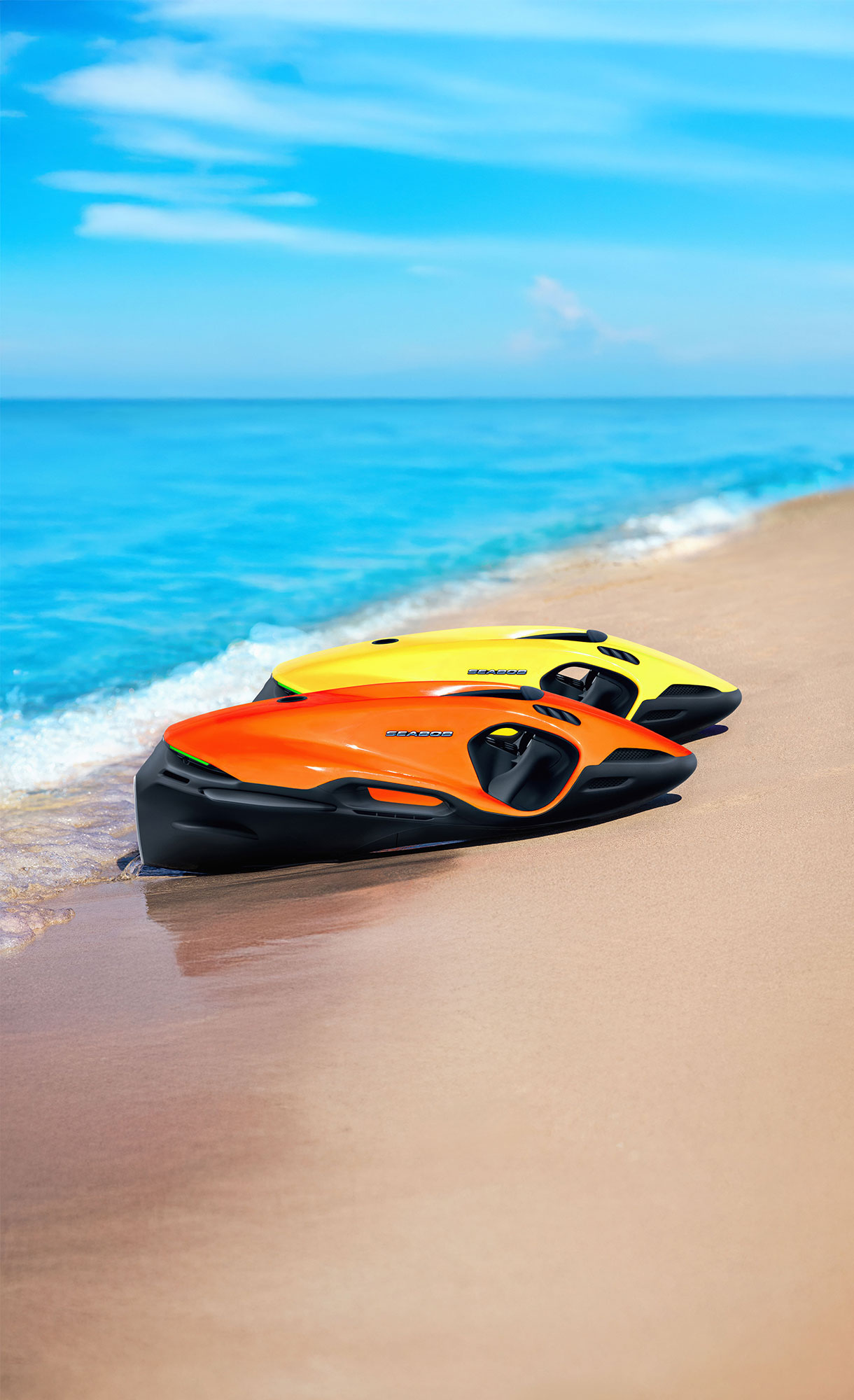 Two SEABOB F9 water scooter rest on a sun-drenched beach, their vibrant colors catching the eye. In the foreground, a Navel Orange F9 is visible in the sunlight. Just behind it, an F9 in Carex Yellow is partly visible.
